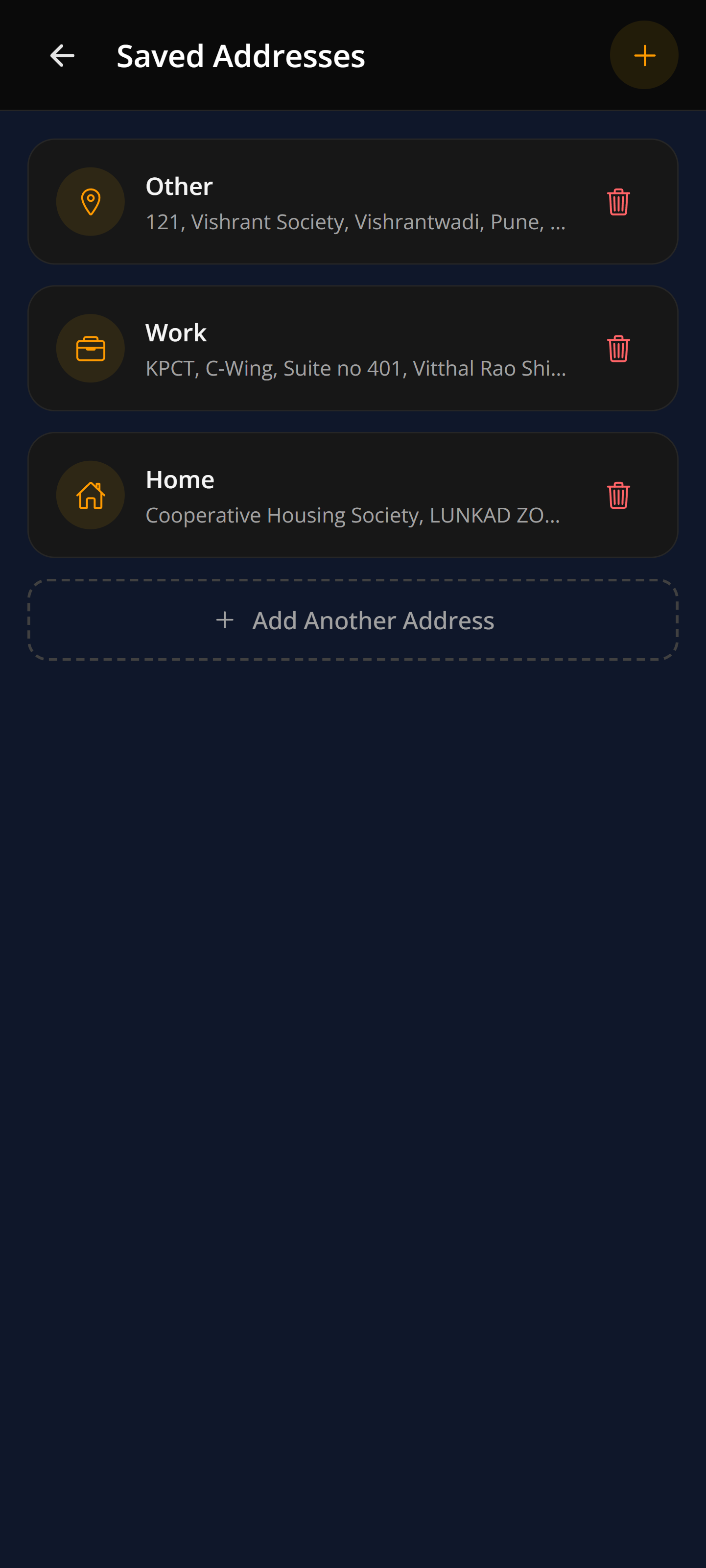 Tijarah Saved Addresses screen with Home, Work, and Other locations in Pune